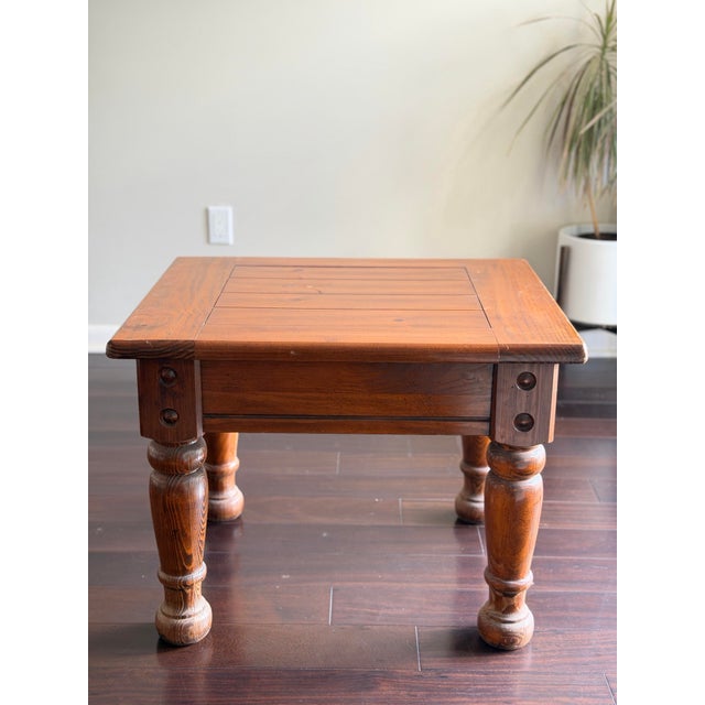 Vintage Rustic Solid Pine Square End Table — Turned Baluster Leg Farmhouse Spanish Colonial Side Table For Sale - Image 11 of 12