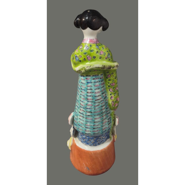 Ceramic Vintage Asian Chinese Famille Rose 8.5'' High Hand Painted Porcelain Figurine For Sale - Image 7 of 9