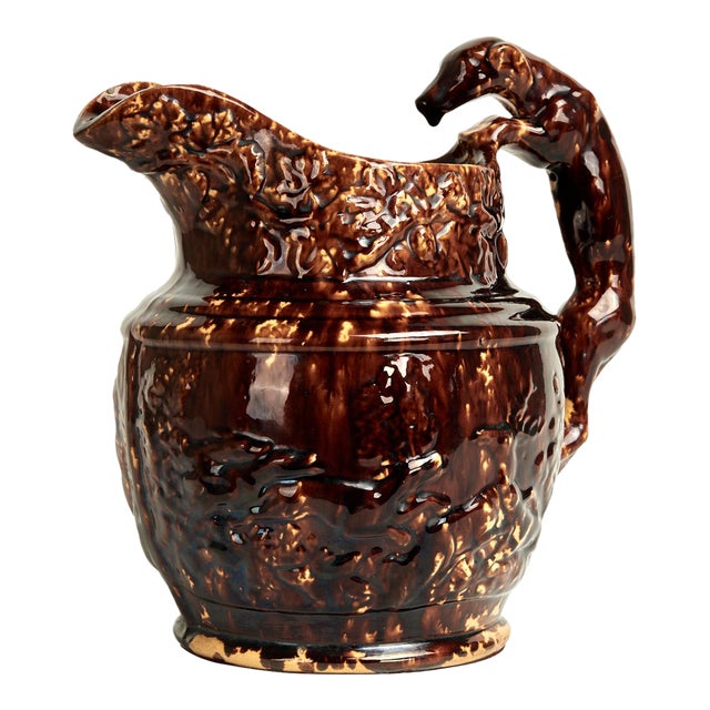 Antique Rockingham Pottery Pitcher With Dog Handle For Sale