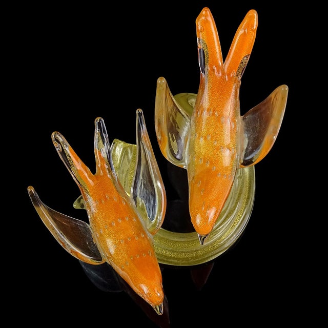 Vintage Murano Gold Flecks Orange Bullicante Technique Italian Art Glass Birds Branch Sculpture For Sale In Orlando - Image 6 of 8