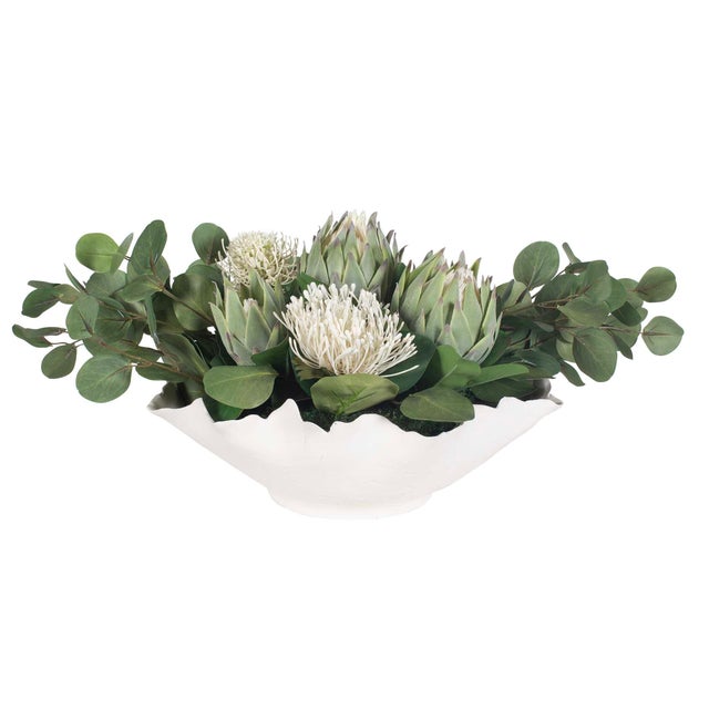 Textile Protea Blooms White Bowl Centerpiece For Sale - Image 7 of 9
