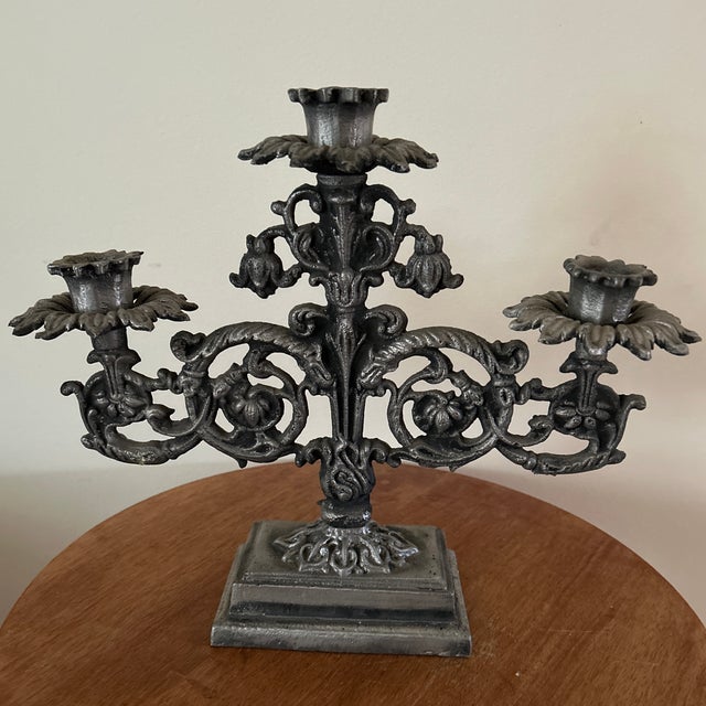 Vintage Art Nouveau Triple French Gothic Candelabra Candle Holder For Sale - Image 12 of 12