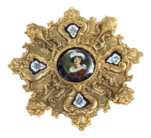 Antique Austrian Bronze Dore Framed Porcelain Portrait Floral Plaque