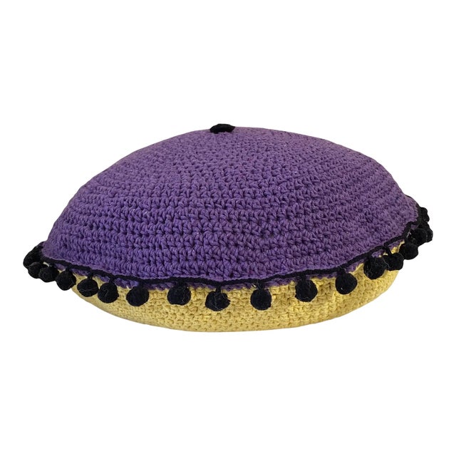 Handmade Round Purple and Yellow Crochet Pillow With Tassels For Sale - Image 4 of 8