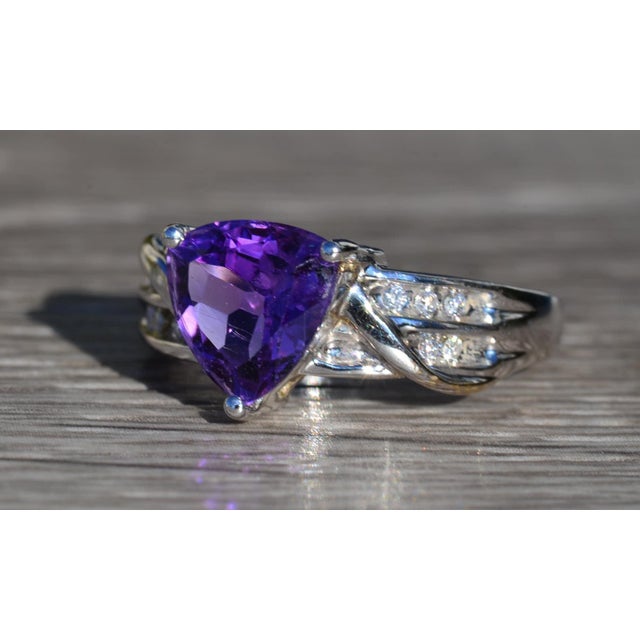 The Eldridge: Ladies 14K Trilliant Cut Amethyst and Diamond Cocktail Ring For Sale - Image 4 of 10