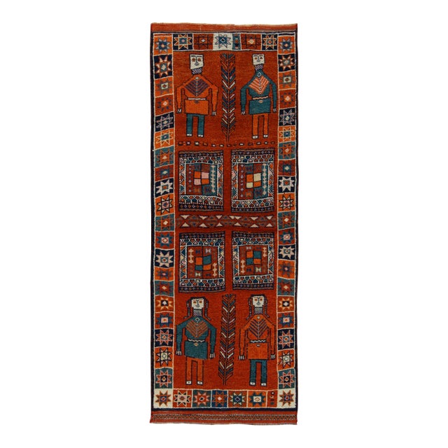 1950s Vintage Tribal Rug in Orange, Red and Blue Pictorial Patterns ...