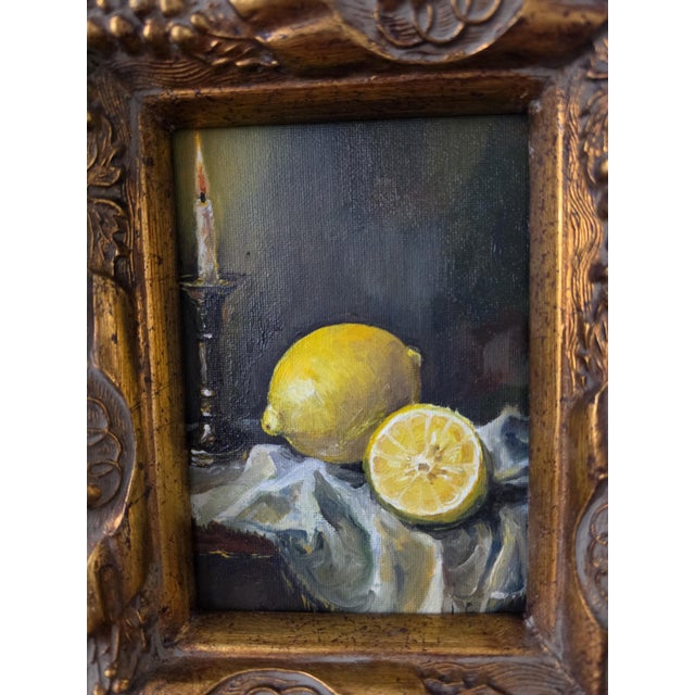 Late 20th Century Gilt Grape Motif Frame With Original Oil Painting, Lemon Still Life Art, Ornate Gold Frame, Cottage Decor For Sale - Image 12 of 13