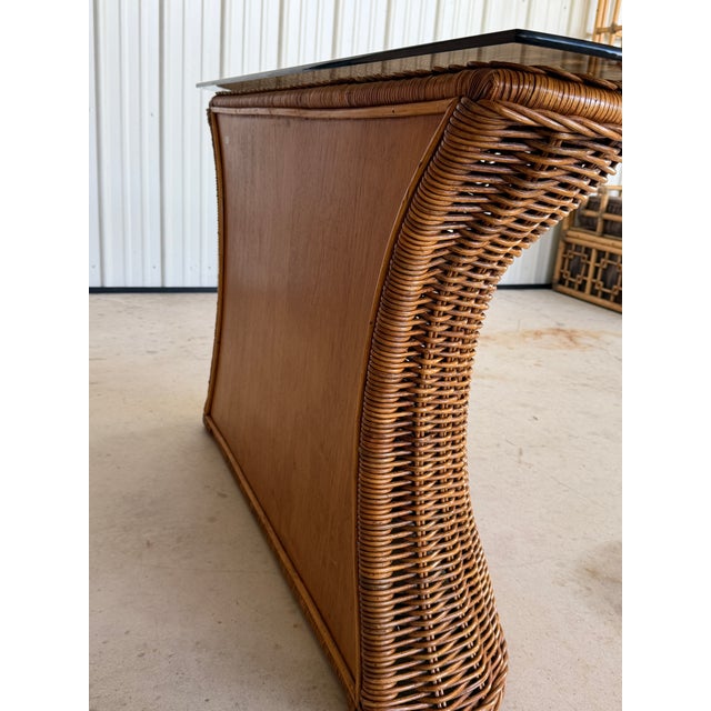 Vintage Refinished Rattan Braided Hourglass Console Table With Original Smoked Glass For Sale - Image 11 of 12