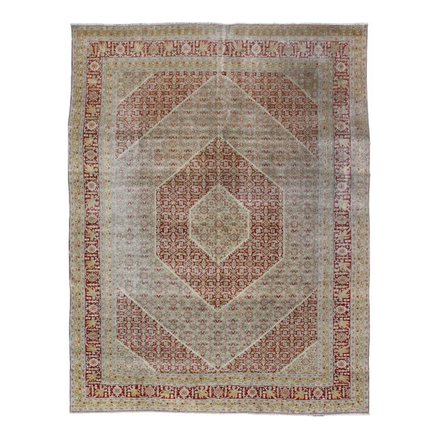 Antique Persian Tabriz Distressed Rug With Geometric Diamond Design For Sale