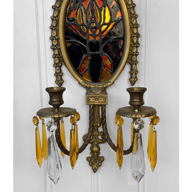 Antique Empire Brass & Stained Glass Crystal Prism Candle Wall Sconces - A Pair For Sale - Image 9 of 11