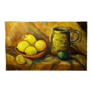 Vintage Mid Century Traditional Expressionist Still Life Original Oil Painting on Board, Yellow, Green & Goldenrod For Sale