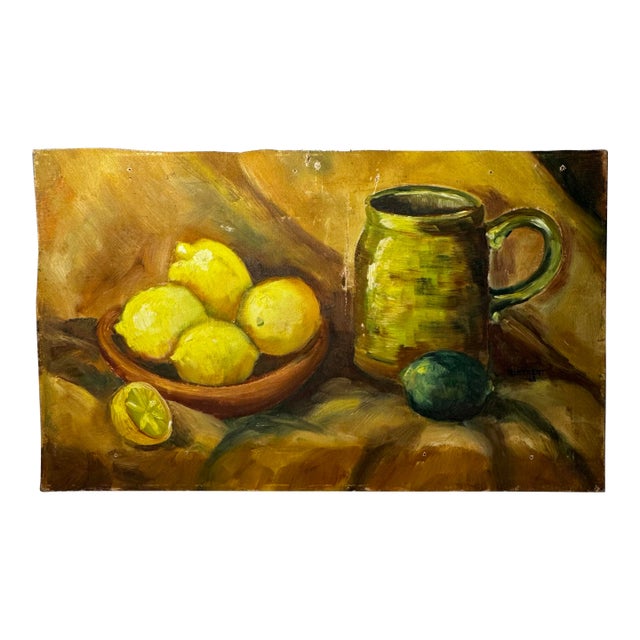 Vintage Mid Century Traditional Expressionist Still Life Original Oil Painting on Board, Yellow, Green & Goldenrod For Sale