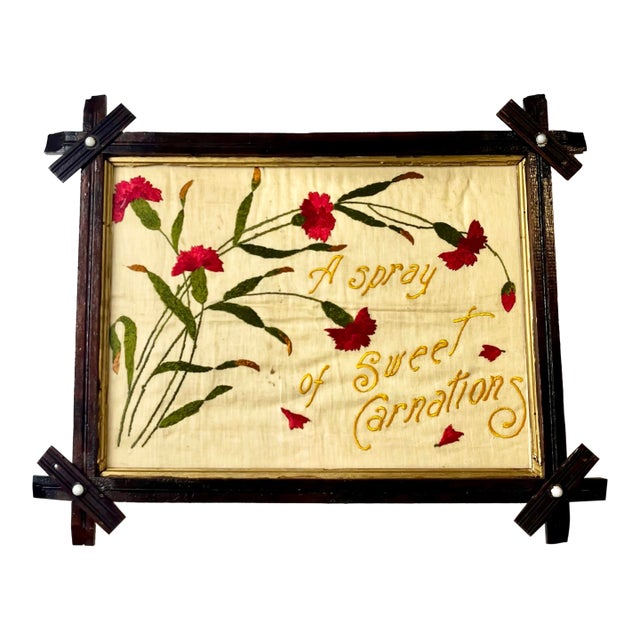 Antique Victorian Carnation Floral Motto Embroidery For Sale