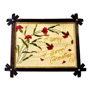 Antique Victorian Carnation Floral Motto Embroidery