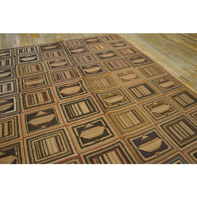 American 1930s Multibrown Checks Folk Art Vintage American Hooked Rug 6' X 8' 9" Handknotted Wool Carpet For Sale - Image 3 of 10