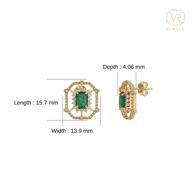 Art Deco-Inspired 14k Yellow Gold 1.06 Ct Emerald & Diamond Halo Stud Earrings- A Pair For Sale - Image 11 of 16