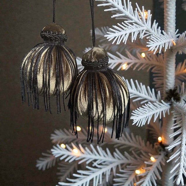 Art Deco Luxe Muted Green Velvet Fringe Ornaments in Black, Hollywood Regency Style, Satin-Lined Gift Box, Set of 6, Artisan Made For Sale - Image 3 of 4