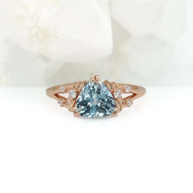 1.4ct Aquamarine Ring With Natural Diamond Accents: Solid 14k Gold, Trillion 8mm For Sale - Image 4 of 10