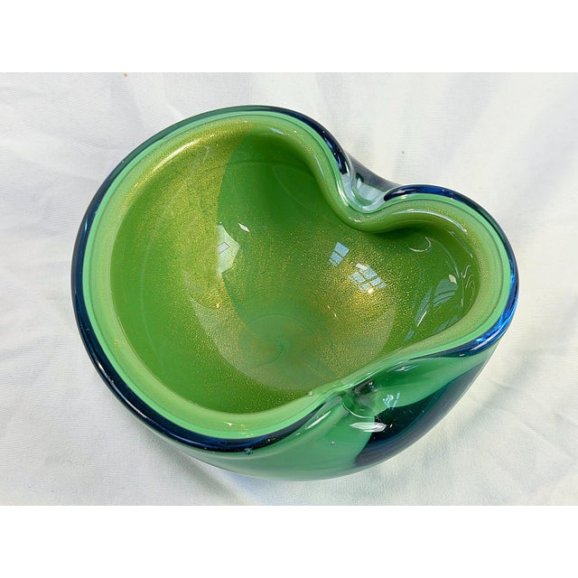 Glass Mid 20th Century Green Murano-Style Art Glass Bowl With Gold Aventurine For Sale - Image 7 of 10