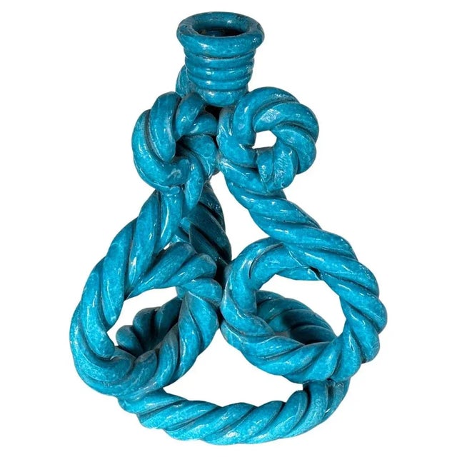 French Candle holder Ceramic France 1970s in twisted ceramic Blue Color