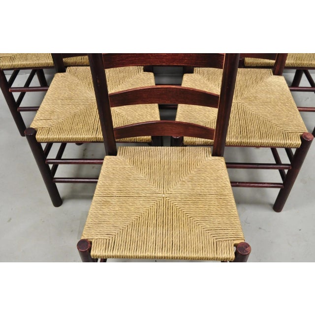 Primitive Rustic Ladder Back Woven Rush Seat Dining Side Chairs - Set of 6 For Sale In Philadelphia - Image 6 of 14