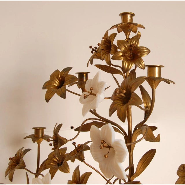 1900 - 1909 Antique French Candelabra Gold Bronze Brass Church Candelabra Opaline Glass Flowers For Sale - Image 5 of 11