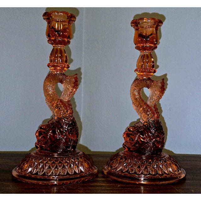 Pink Depression Glass Dolphin Candlesticks – l.e. Smith, 1930s – Pair For Sale In Pittsburgh - Image 6 of 10