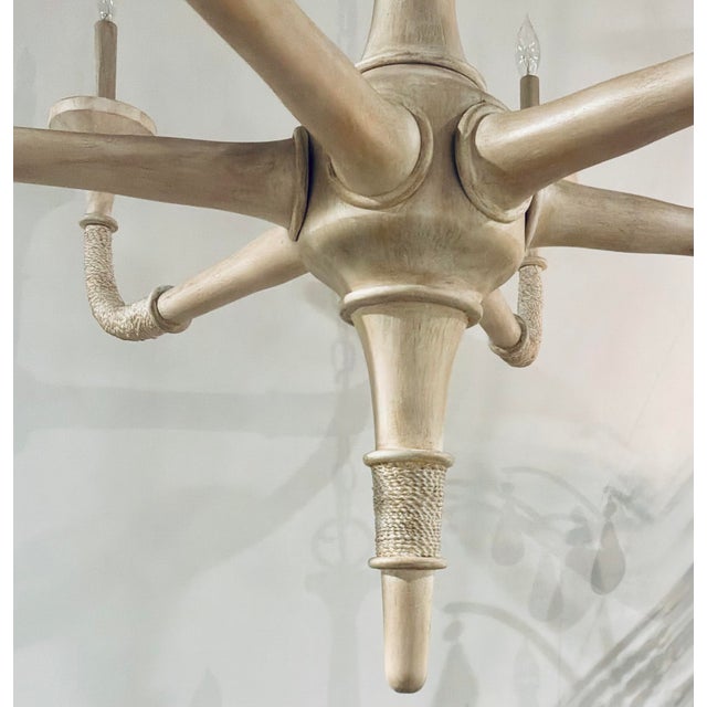Original retail $4060, stylish Currey & Company Modern Wood and Abaca Sandstone Aleister Chandelier, showroom floor sample