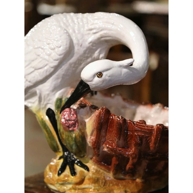 Italian Mid-Century Italian Majolica Swan Cachepot Planter With Barbotine Decor For Sale - Image 3 of 10