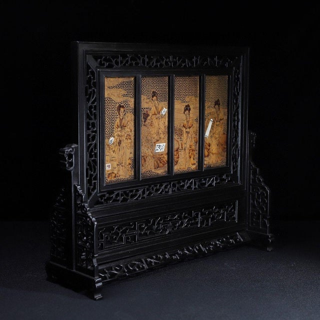 Chinese Vintage Chinese Zitan Table Screen | Carved Ladies & Agarwood Inlay With Stand For Sale - Image 3 of 10