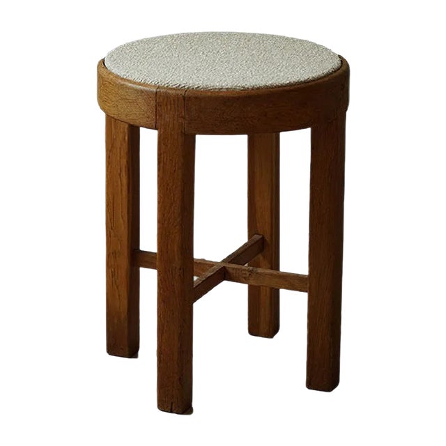Mid-Century Danish Oak Stool Reupholstered in Bouclé Wool from Rud. Rasmussen, 1950s For Sale