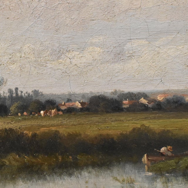 River Landscape with Fishermen, 19th Century, Oil Painting on Canvas, Framed For Sale - Image 6 of 12