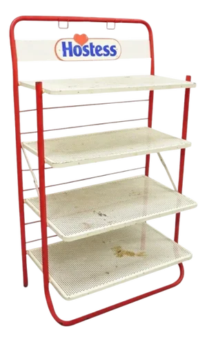 Vintage Hostess Red Metal Perforated 4 Shelf Folding Display Shelf Stand