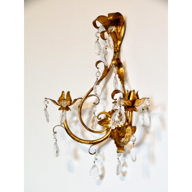 Mid-Century Modern ItalianTole Gold Double Arm Candle Sconce With Crystals For Sale - Image 3 of 12