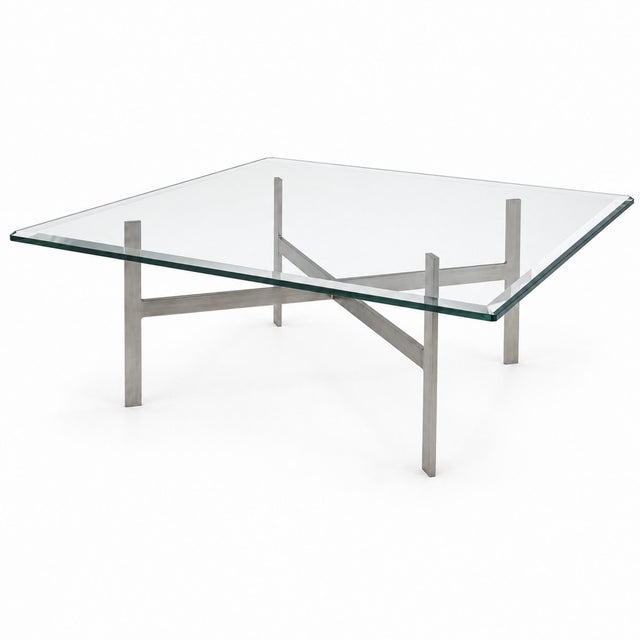 Vintage Custom Brushed Aluminum & Beveled Glass Coffee Table, Circa 1970s This elegant custom-made coffee table featuring...