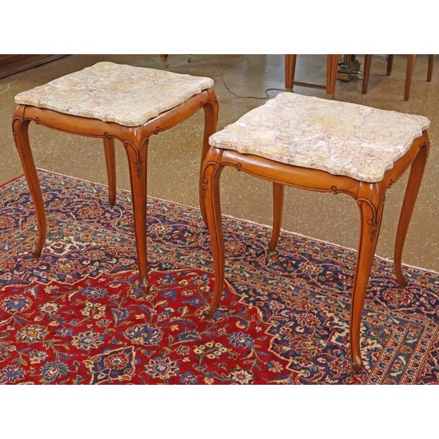 1970s Pair of Vintage Marble Top Walnut Louis XV French Style End Tables For Sale - Image 5 of 15