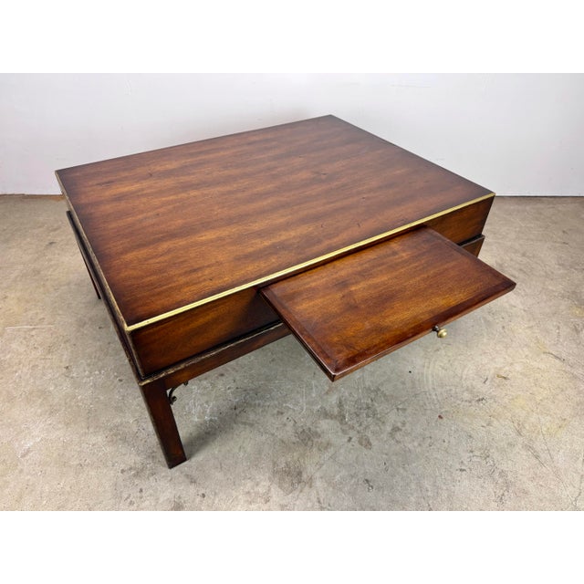 Campaign Vintage Theodore Alexander Campaign Style Mahogany & Brass Coffee Table For Sale - Image 3 of 12