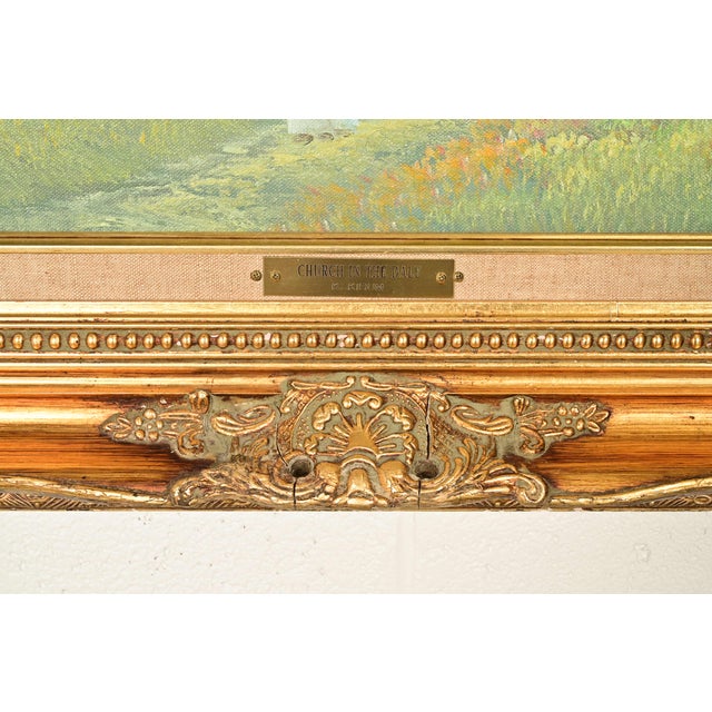Original Artist Signed K. Kirum "Church in the Dale" Oil Painting in Carved Giltwood Frame For Sale - Image 12 of 16