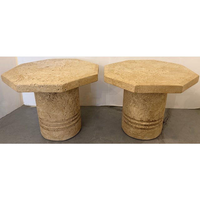 Postmodern faux coral rock pedestal tables, likely dating from the 1980s. Plaster-based material designed to mimic the...