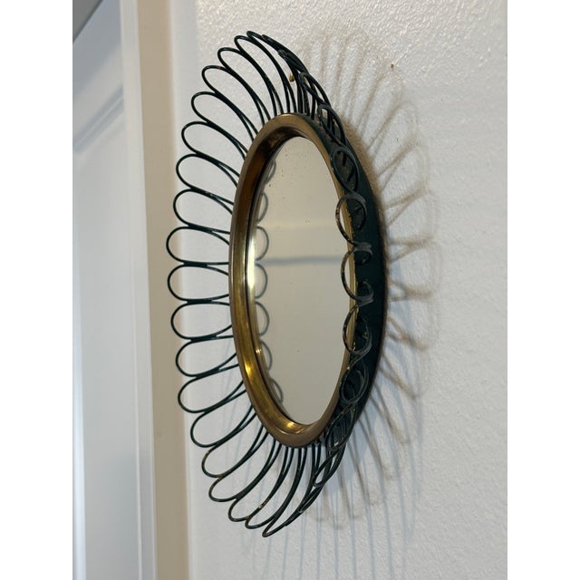 Brass Petite Scale Modernist French Round Brass Sunburst Loop Mirror, 1950s For Sale - Image 8 of 15
