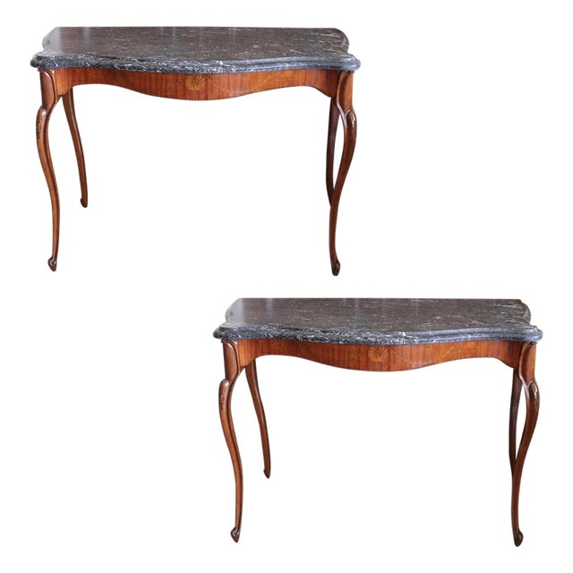 Pair of Edwardian Satinwood Marquetry Console Tables With Marble Tops For Sale