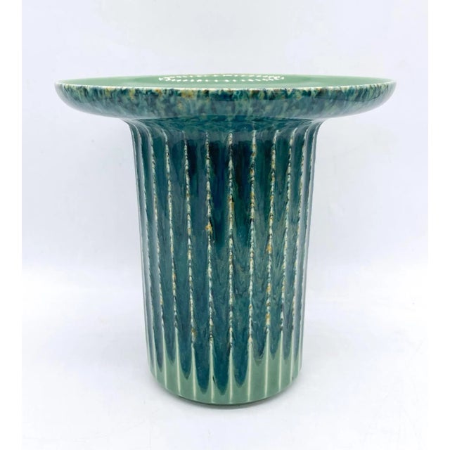 Mid Century Modern Ribbed Green-Blue Vase For Sale - Image 4 of 12