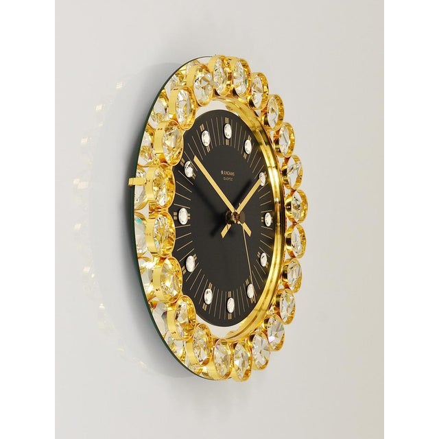German Hollywood Regency Golden Wall Clock in Gilt with Crystals by Junghans, 1970s For Sale - Image 9 of 15