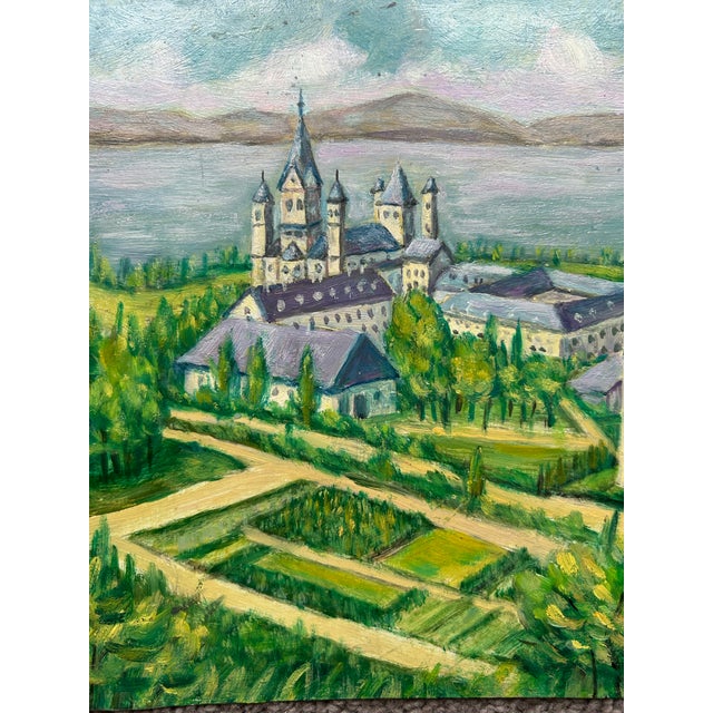 Impressionist Vintage 1976 Original Landscape Oil Painting of Maria Laach Abby in Germany ~ on Metal Panel For Sale - Image 3 of 6