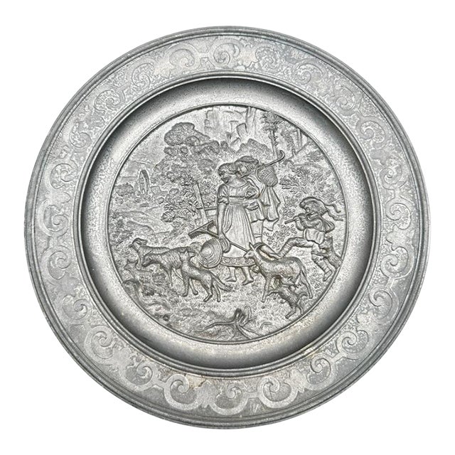 Antique Sks Zinn Pewter Hanging Plate, Germany with Farming Sheppard Scene For Sale