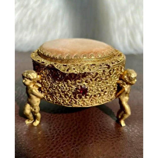 Three Footed Cherub Round StyleBuilt Style Vintage Design Jewelry Casket/ Box With Pink Plush on the Top and Inside & Burgundy Red Stones Decoration For Sale - Image 9 of 11