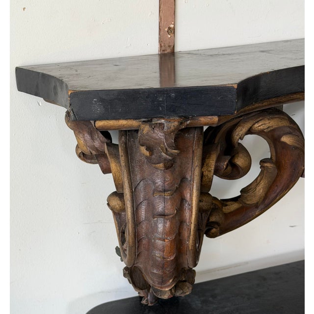 Baroque Antique Monumental Baroque Style Giltwood Console Table With Ebonized Top, 74.5” For Sale - Image 3 of 12