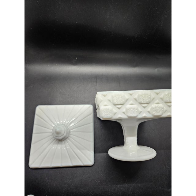 Mid-Century Modern VTG Westmoreland Milk Glass Candy Dish Old Quilt Pattern Pedestal Compote 6.5”h For Sale - Image 3 of 3
