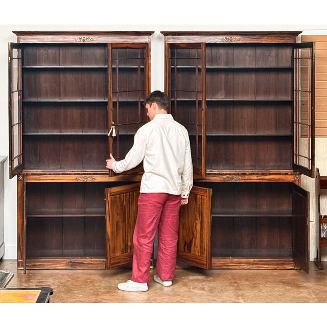 Brown English Two-Tiered Glass Front Bookcases of Figured Wood - Two Available For Sale - Image 8 of 17