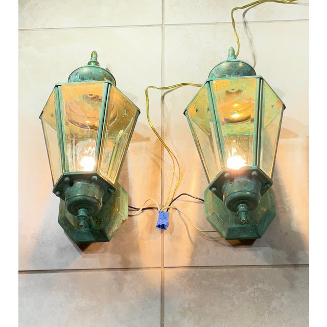 2000 - 2009 : Pair of Vintage Solid Brass Outdoor Wall Lanterns / 16” High For Sale - Image 5 of 15